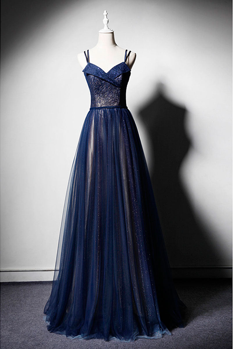 Dark blue tulle long prom dress, dark blue evening dress