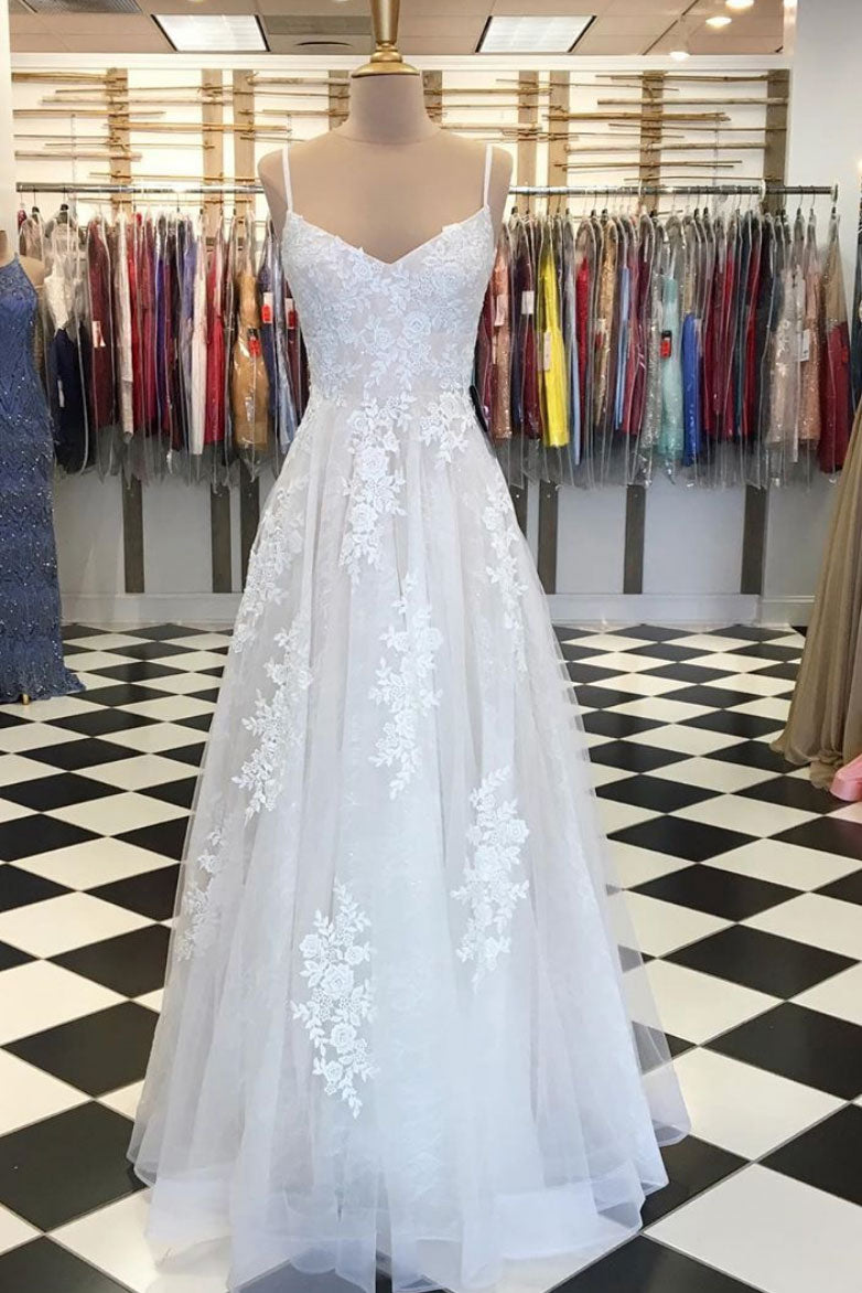 Light champagne tulle lace long prom dress, tulle evening dress