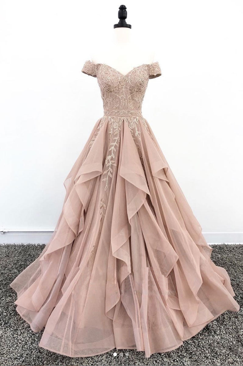 Elegant off shoulder lace long prom dress, lace evening dress – dresstby