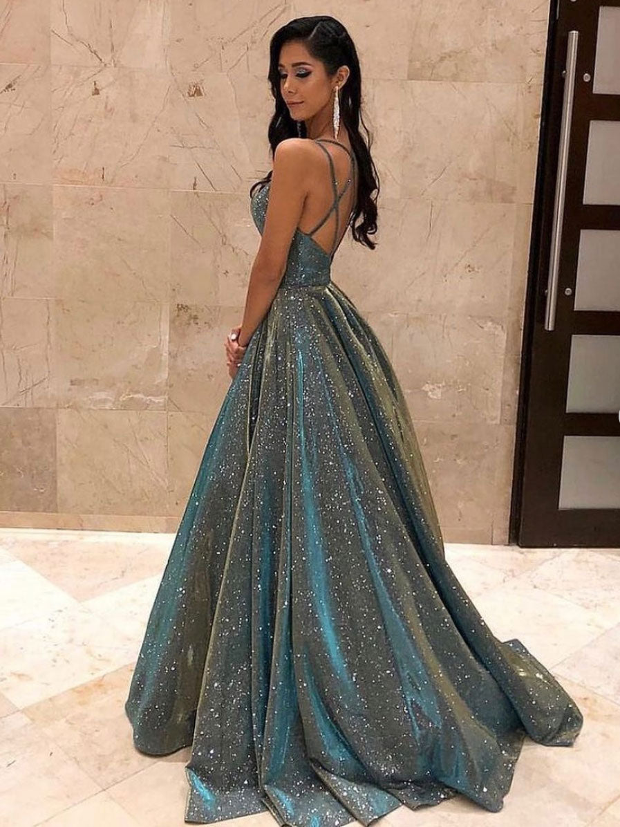 Simple v neck A-line backless gray long prom dress , evening dress