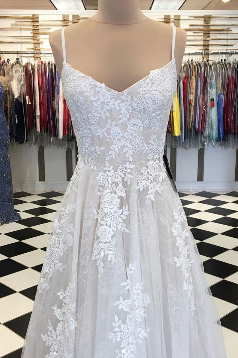 Light champagne tulle lace long prom dress, tulle evening dress