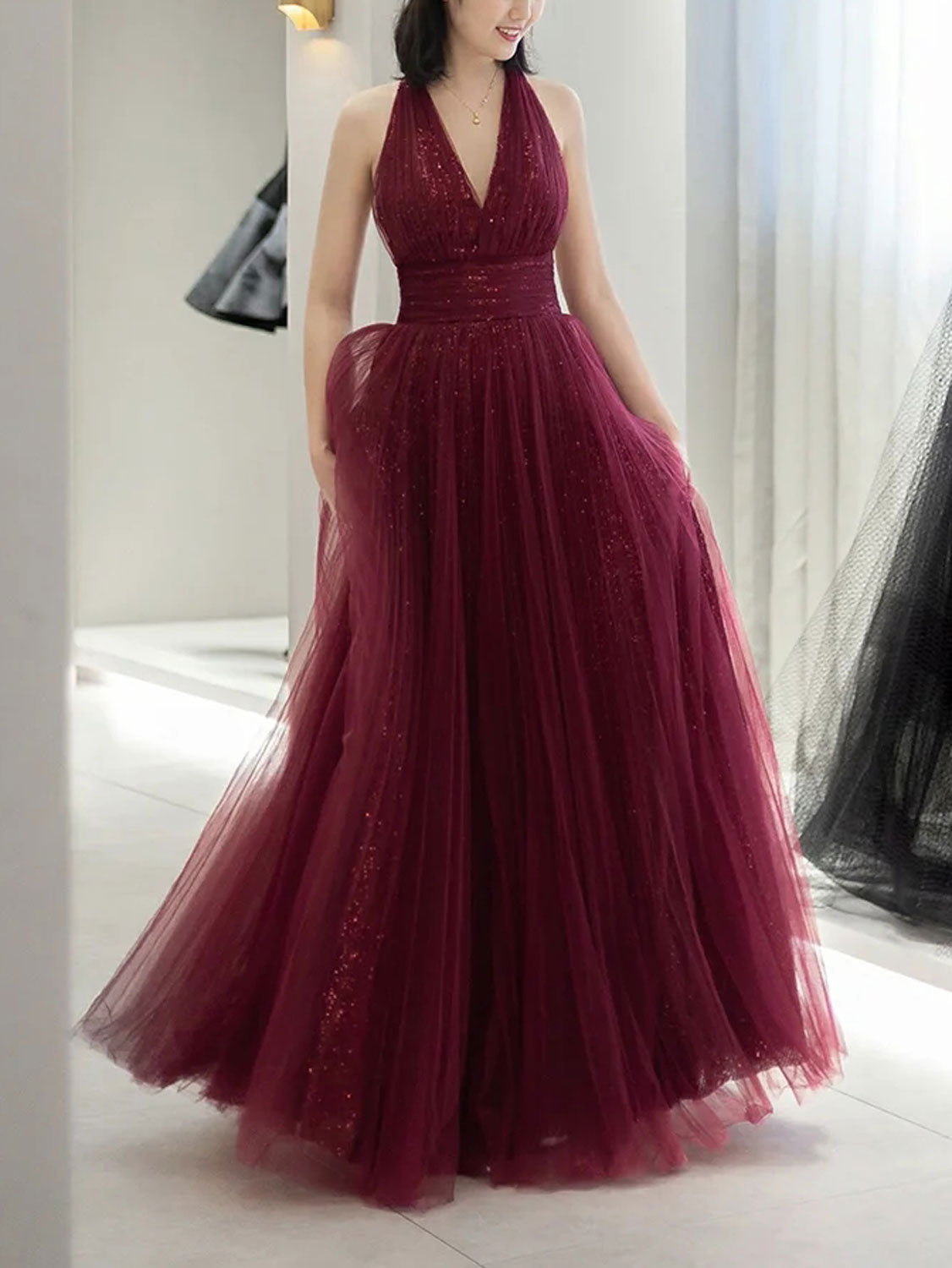 Burgundy Prom Dresses With Deep V Neck Burgundy V-Neck Prom Dresses Formal Dresses With Slit Burgundy Prom Dresses With Deep V Neck Burgundy V-Neck Prom Dresses Formal Dresses With Slit