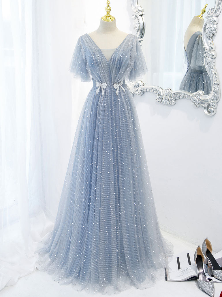 Blue v neck tulle beads long prom dress, blue tulle formal dress dresstby Blue v neck tulle beads long prom dress, blue tulle formal dress dresstby