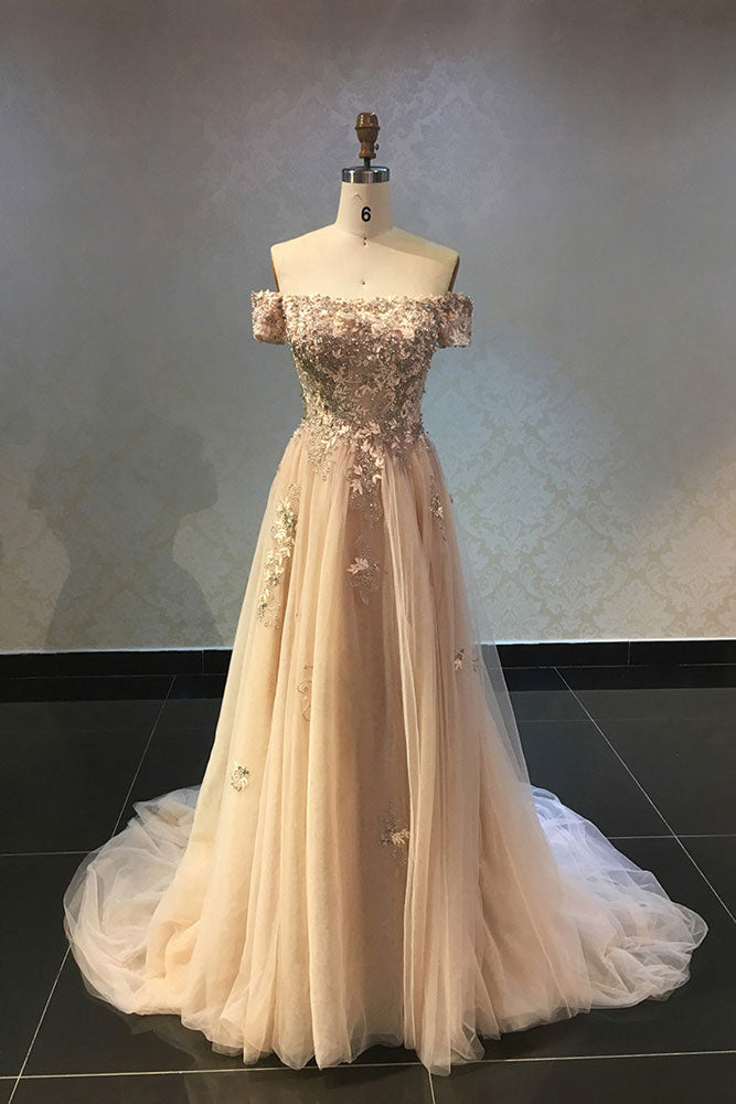 Champagne lace applique tulle long prom dress, champagne evening dress dresstby Champagne lace applique tulle long prom dress, champagne evening dress dresstby