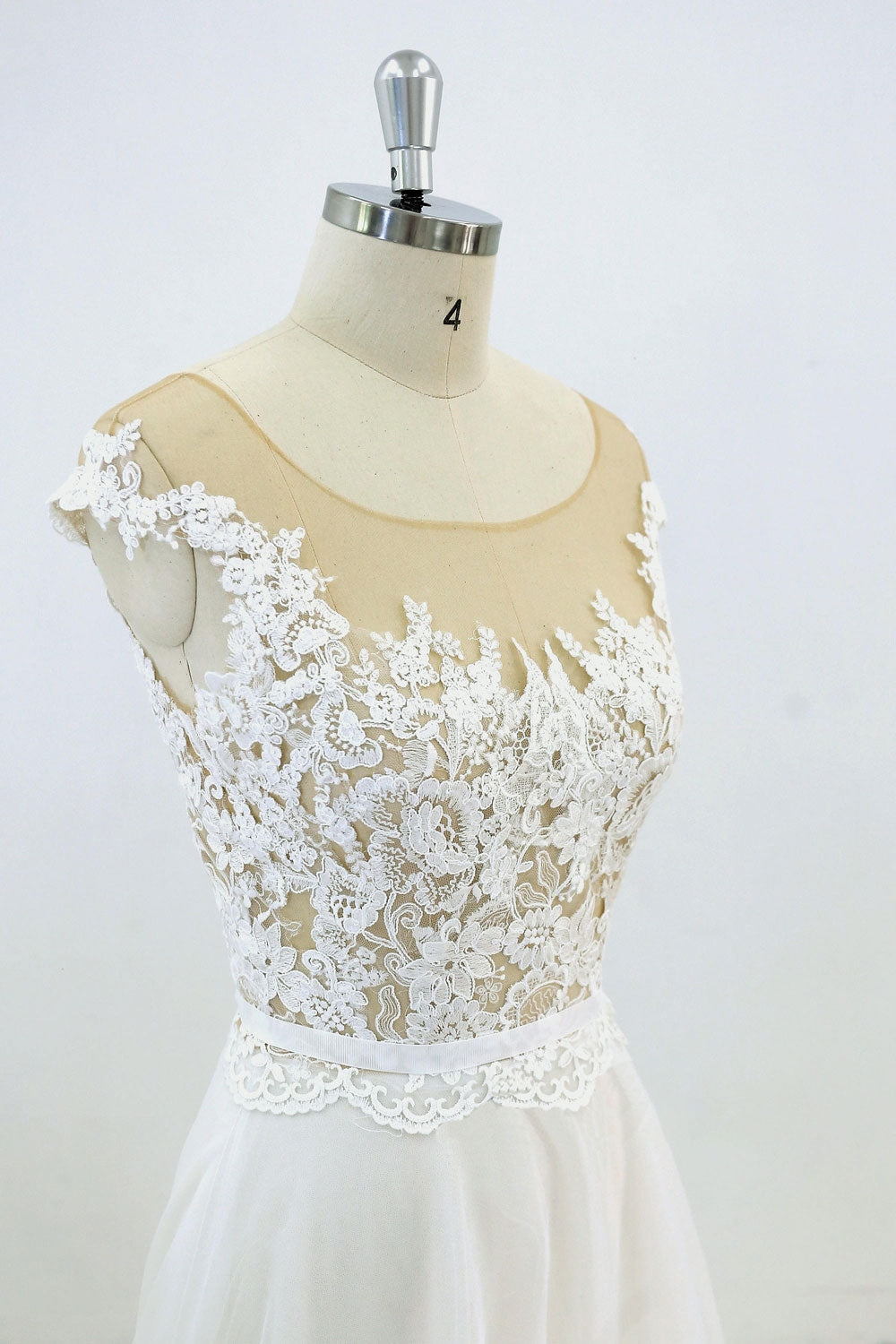 White round neck lace tulle long prom dress, white lace wedding dress