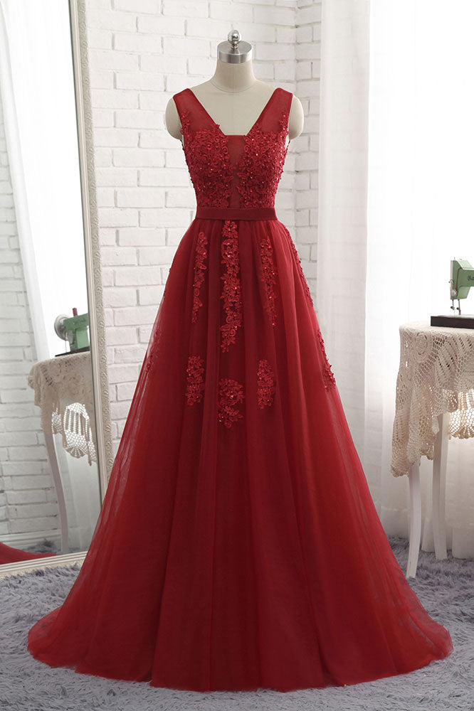 Burgundy v neck tulle lace long prom dress, burgundy evening dress dresstby Burgundy v neck tulle lace long prom dress, burgundy evening dress dresstby