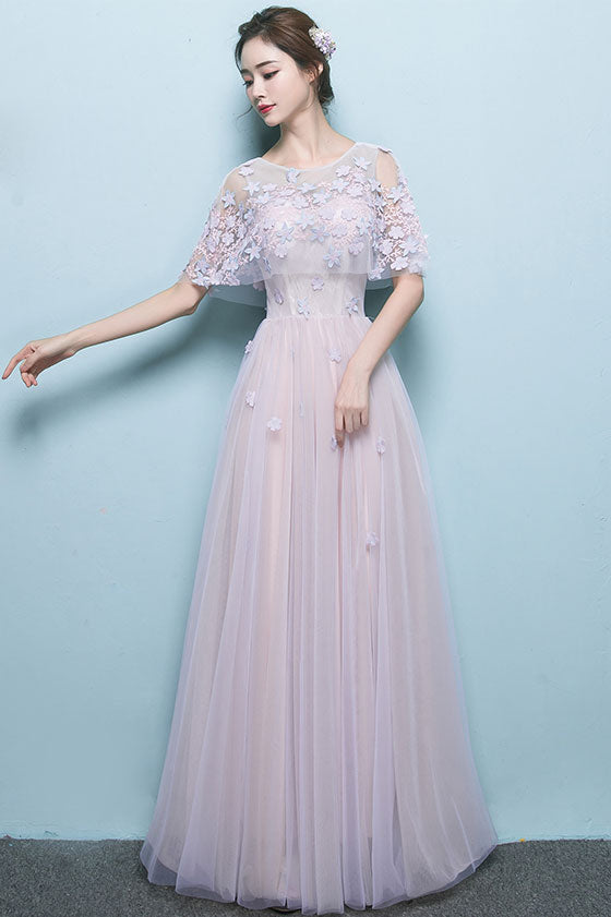 Pink tulle lace long prom dress tulle applique formal dress dresstby Pink tulle lace long prom dress tulle applique formal dress dresstby