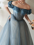 Blue off shoulder satin long prom dress, blue satin bridesmaid dress