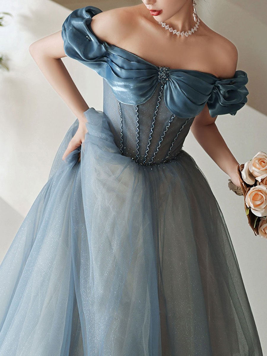 Blue off shoulder satin long prom dress, blue satin bridesmaid dress