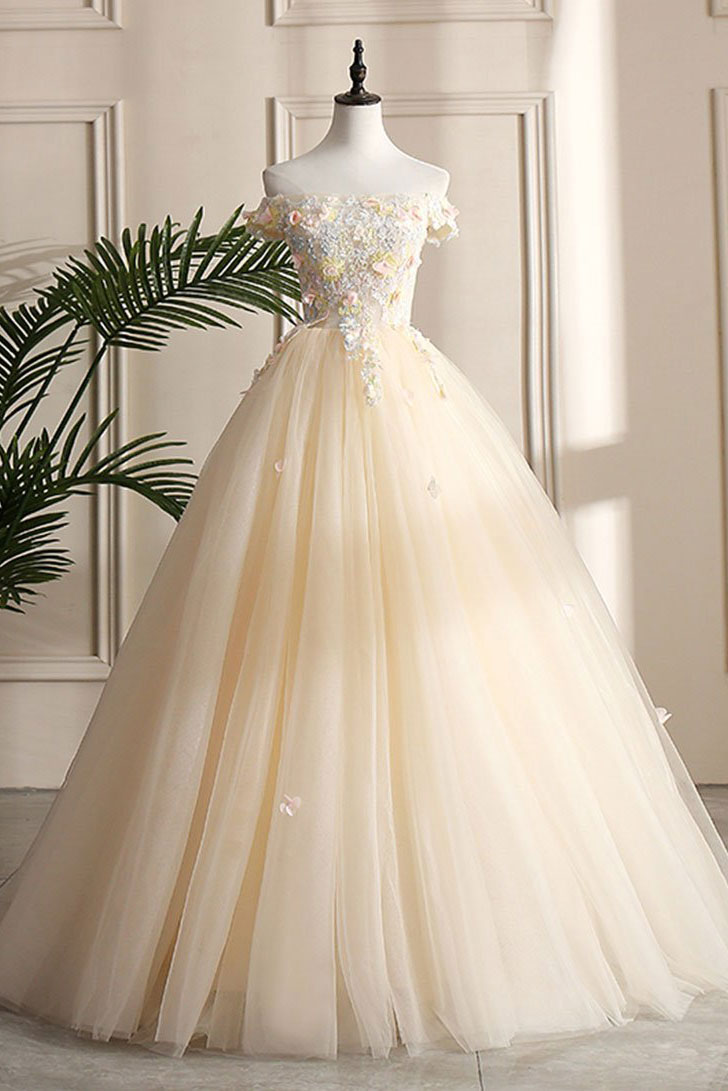 Champagne tulle lace long prom dress, champagne evening dress