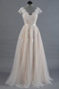 A-line champagne tulle lace long prom dress, lace wedding dress