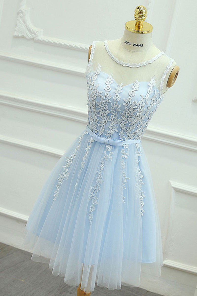 Cute round neck lace tulle blue prom dress, homeoming dress