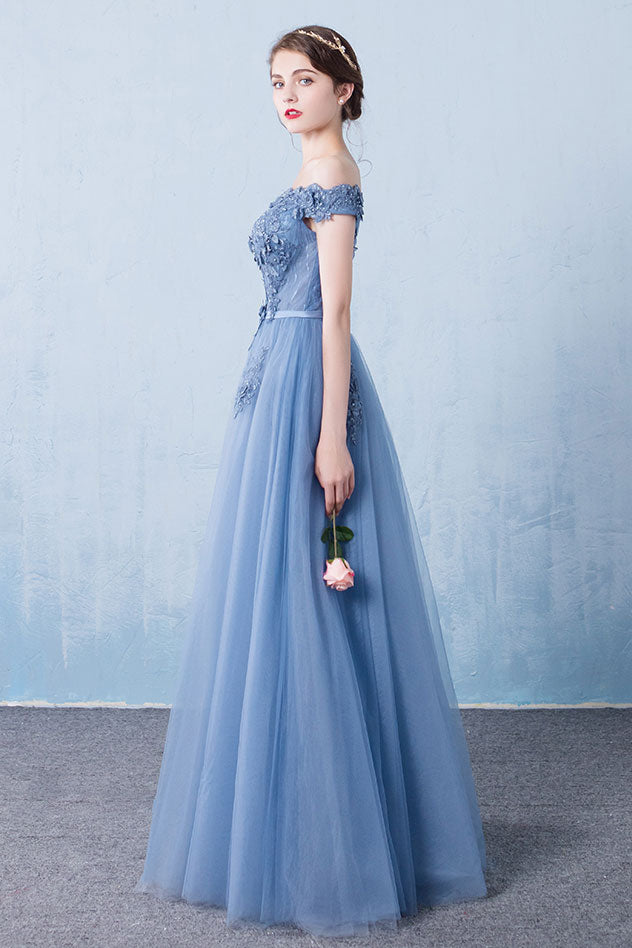 Blue off shoulder lace tulle long prom dress, blue lace bridesmaid dress
