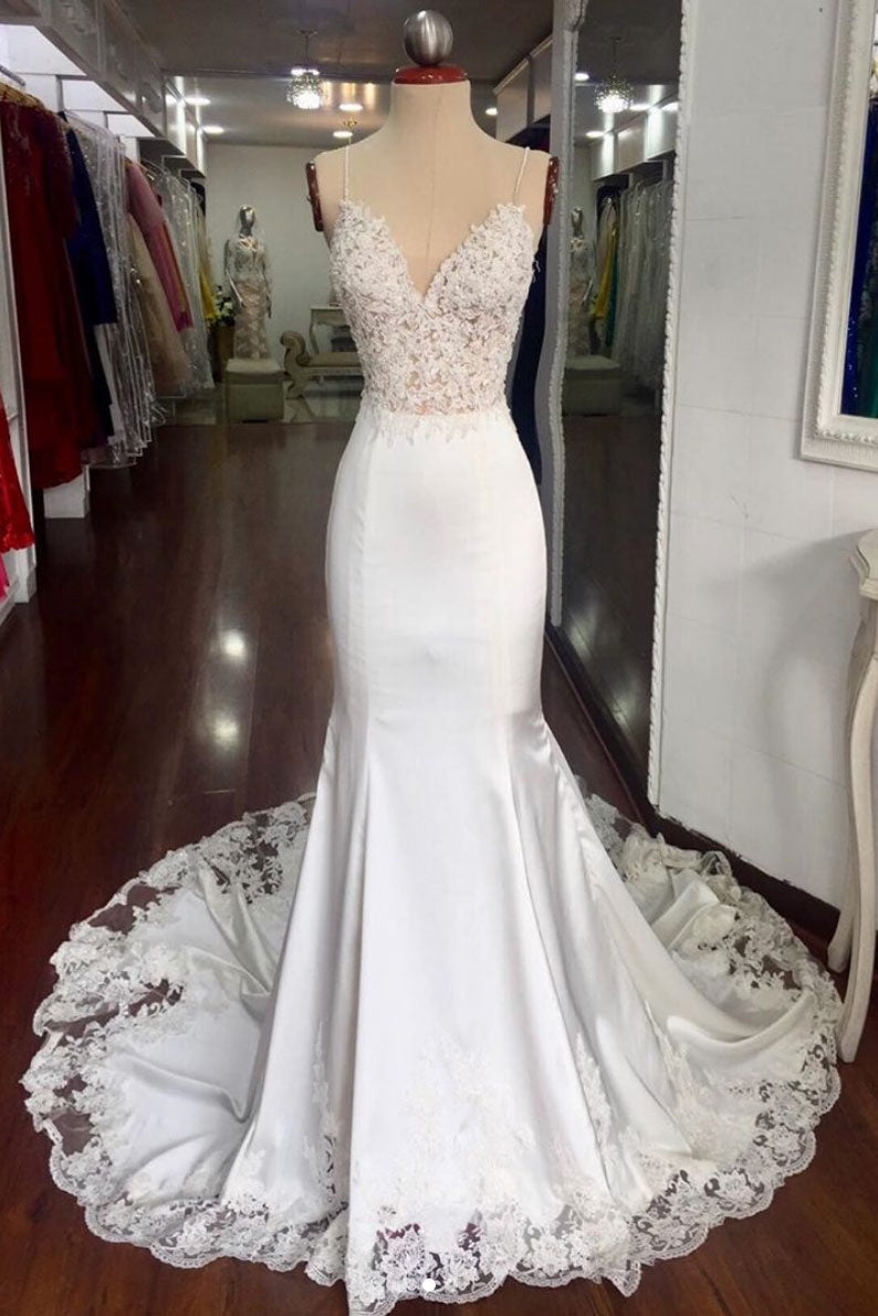 White lace satin long prom dress, white lace evening dress – dresstby