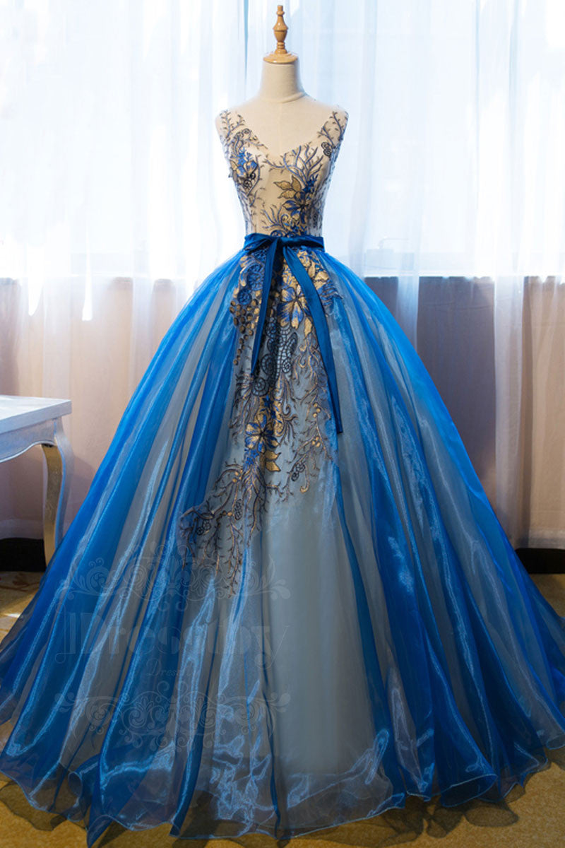 Unique v neck blue embroidery long prom dress, sweet 16 dress dresstby Unique v neck blue embroidery long prom dress, sweet 16 dress dresstby
