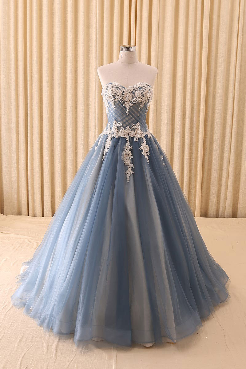 Sweetheart Neck Blue Lace Long Prom Dress, Blue Tulle Formal Dress, Bl –  abcprom