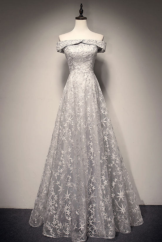 Gray lace long prom dress, gray lace evening dress