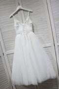 White v neck tulle lace tea Length prom dress, white bridesmaid dress