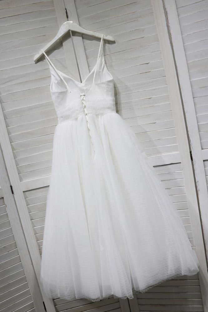 White v neck tulle lace tea Length prom dress, white bridesmaid dress