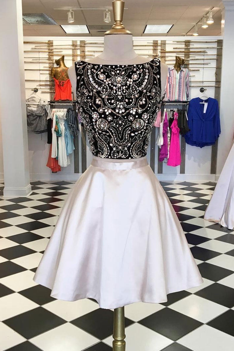 Cute two pieces beads short prom dress, champagne homecoming dress