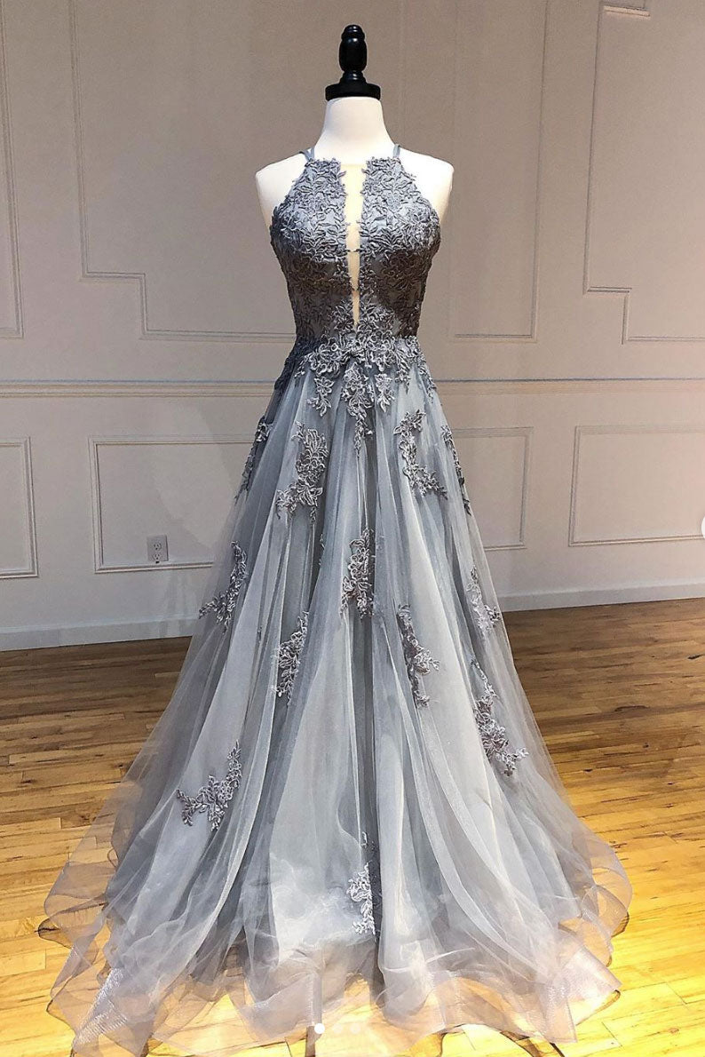 Gray tulle lace long prom dress gray tulle evening dress dresstby Gray tulle lace long prom dress gray tulle evening dress dresstby