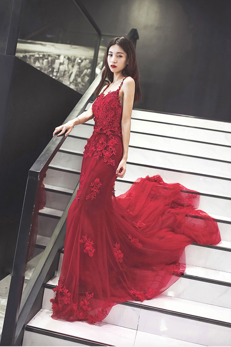 Burgundy v neck lace mermaid long prom dress, burgundy evening dress dresstby Burgundy v neck lace mermaid long prom dress, burgundy evening dress dresstby