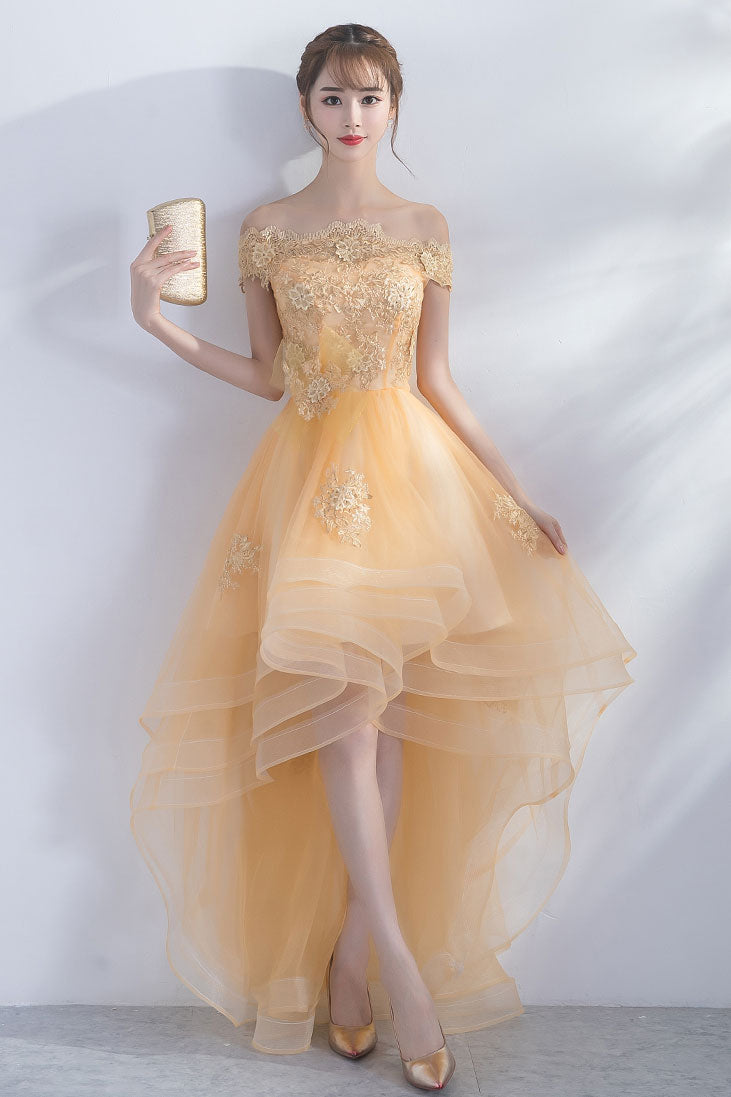 Cute champagne tulle high low prom dress, champagne homecoming dress
