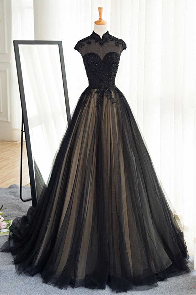 black lace tulle long prom gown black evening dress Black Tulle Off Shoulder Tulle Long Prom Dress Black Evening Dress US 4 / Custom Color
