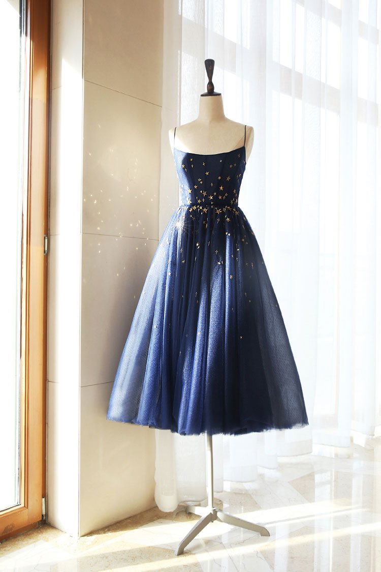 Dark blue tulle tea short prom dress, blue homecoming dress – dresstby