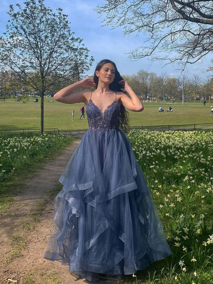 Gray blue v neck tulle lace long prom dress blue formal dress dresstby Gray blue v neck tulle lace long prom dress blue formal dress dresstby