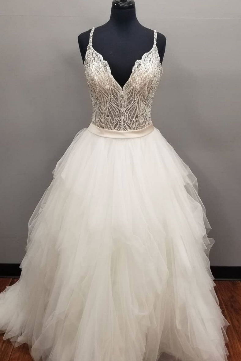 White v neck tulle long prom dress, white evening dress