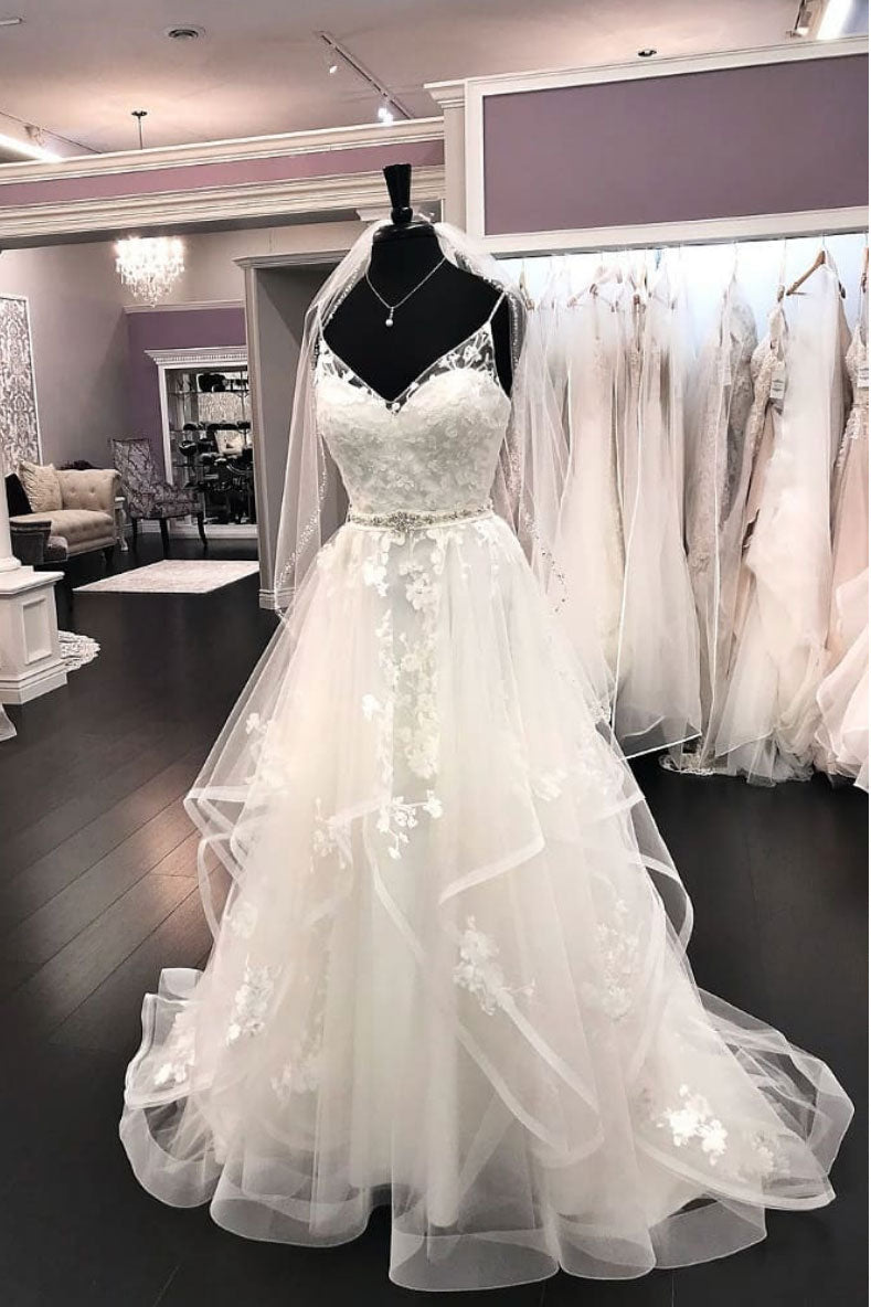 White tulle lace long prom dress, tulle wedding dress