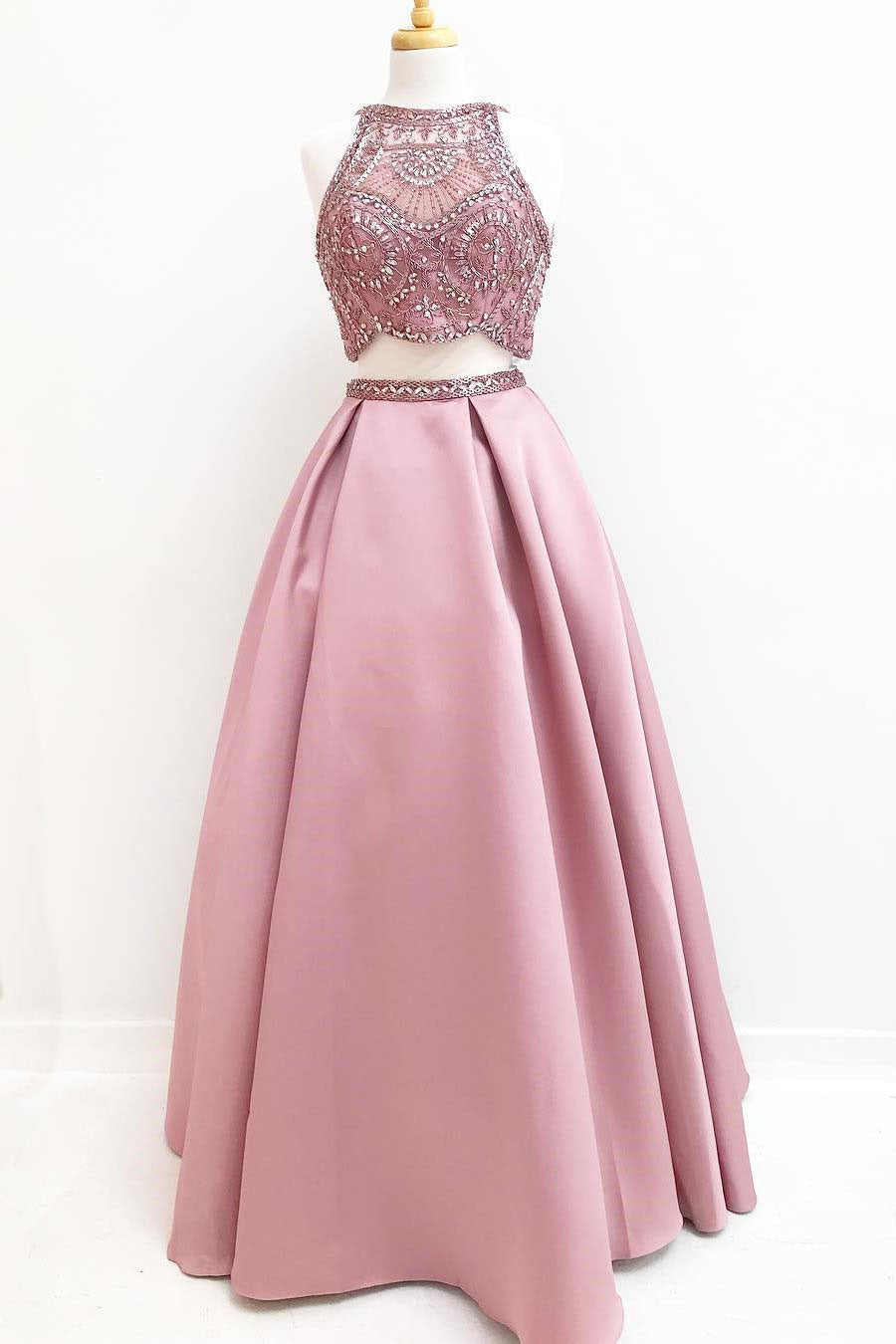 two piece rose gold prom dress