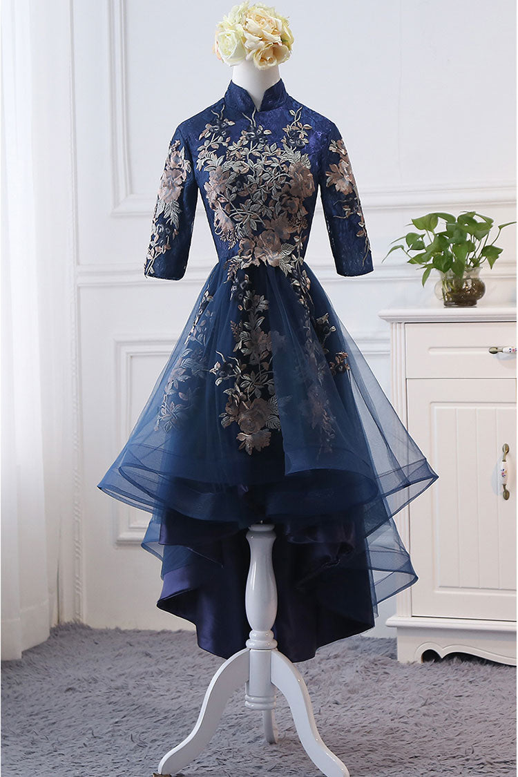 Dark blue lace applique short prom dress, blue evening dress