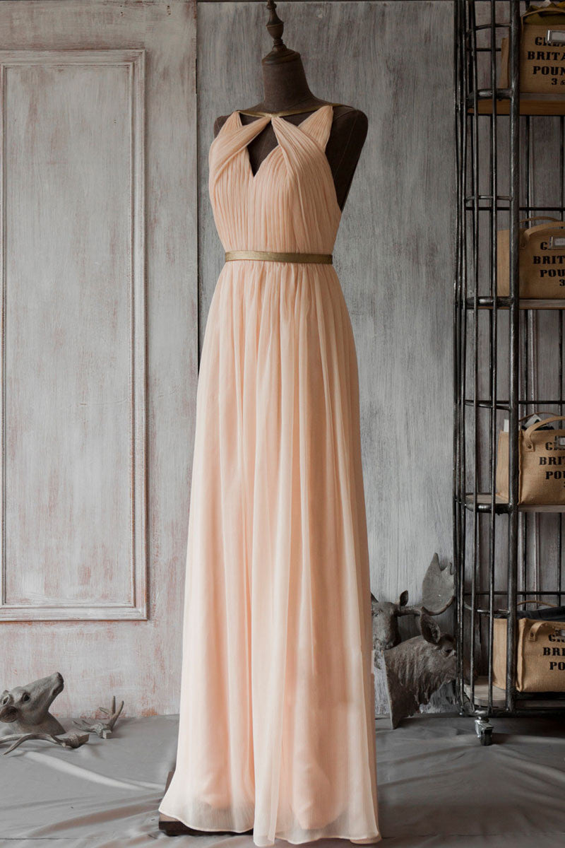 Unique Pink Chiffon Long Prom Dresses, Pleated Pink Formal Dresses