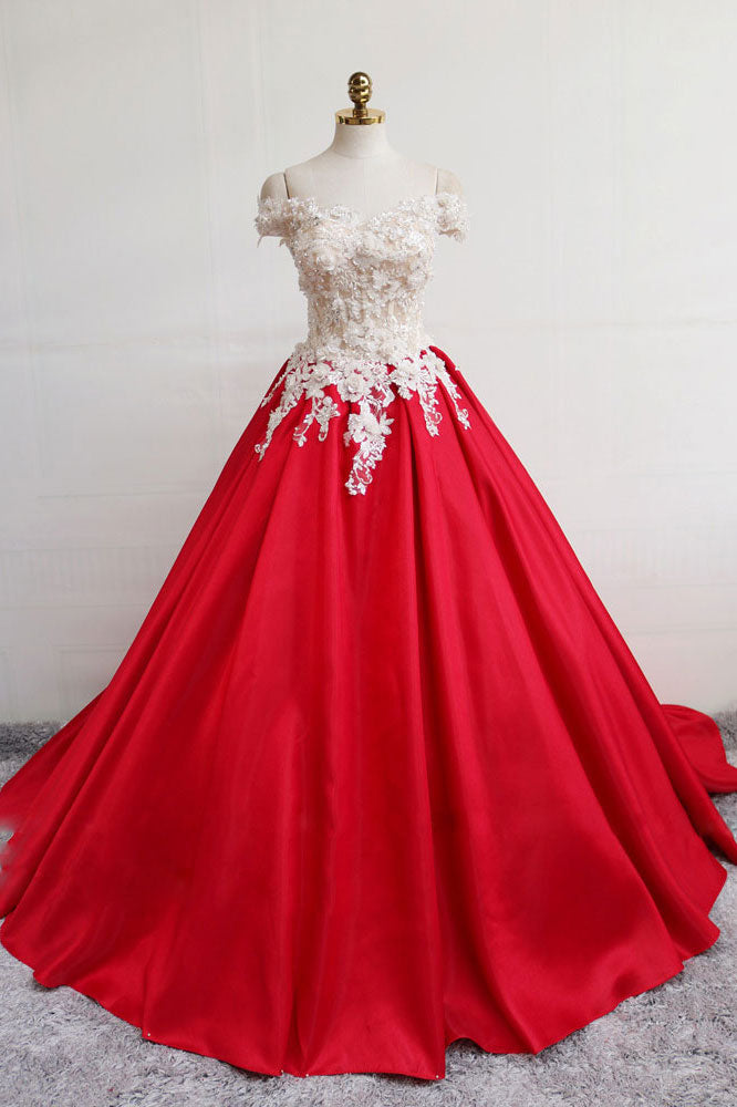 Red satin lace long prom dress, red evening dress dresstby Red satin lace long prom dress, red evening dress dresstby