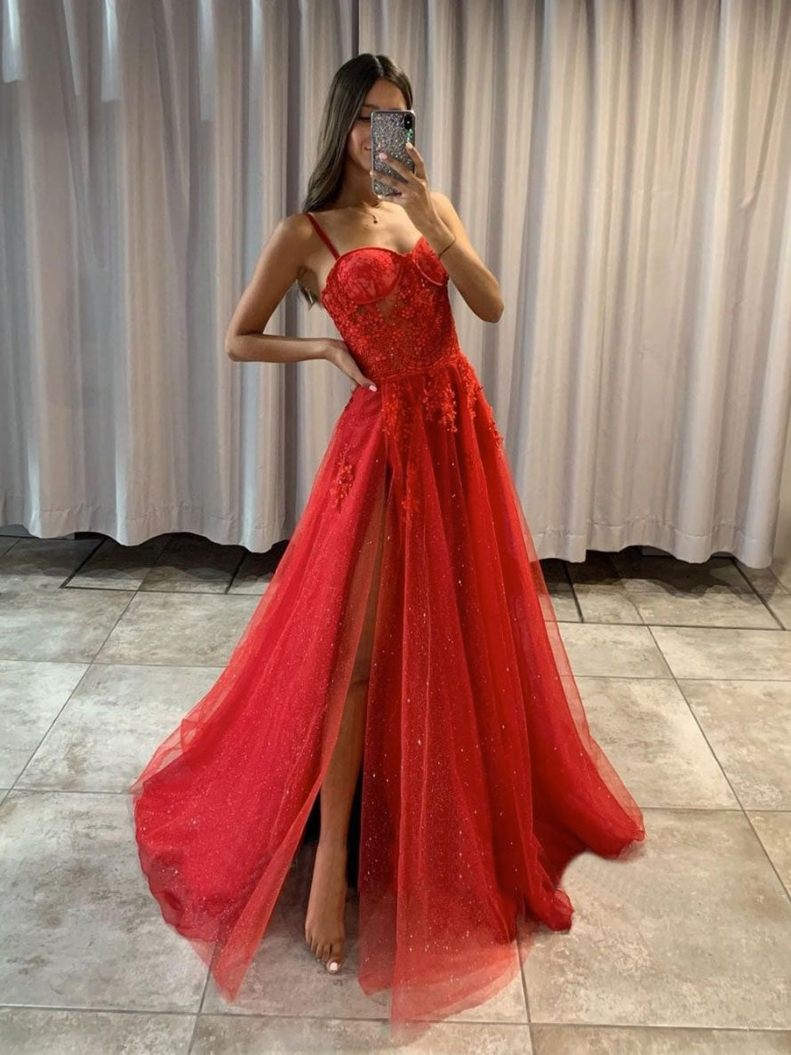 Red sweetheart tulle lace long prom dress, red tulle long evening dres dresstby Red sweetheart tulle lace long prom dress, red tulle long evening dres dresstby