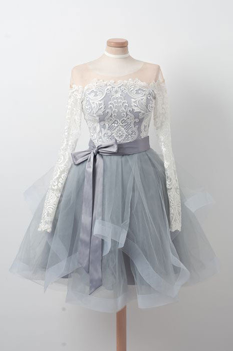Gray round neck tulle lace short prom dress, gray homecoming dress dresstby Gray round neck tulle lace short prom dress, gray homecoming dress dresstby