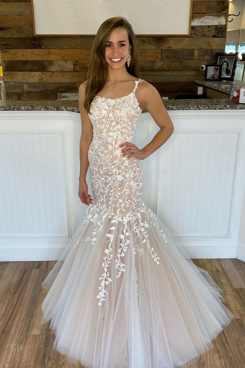 Champagne tulle lace mermaid long prom dress, lace evening dress Champagne tulle lace mermaid long prom dress, lace evening dress