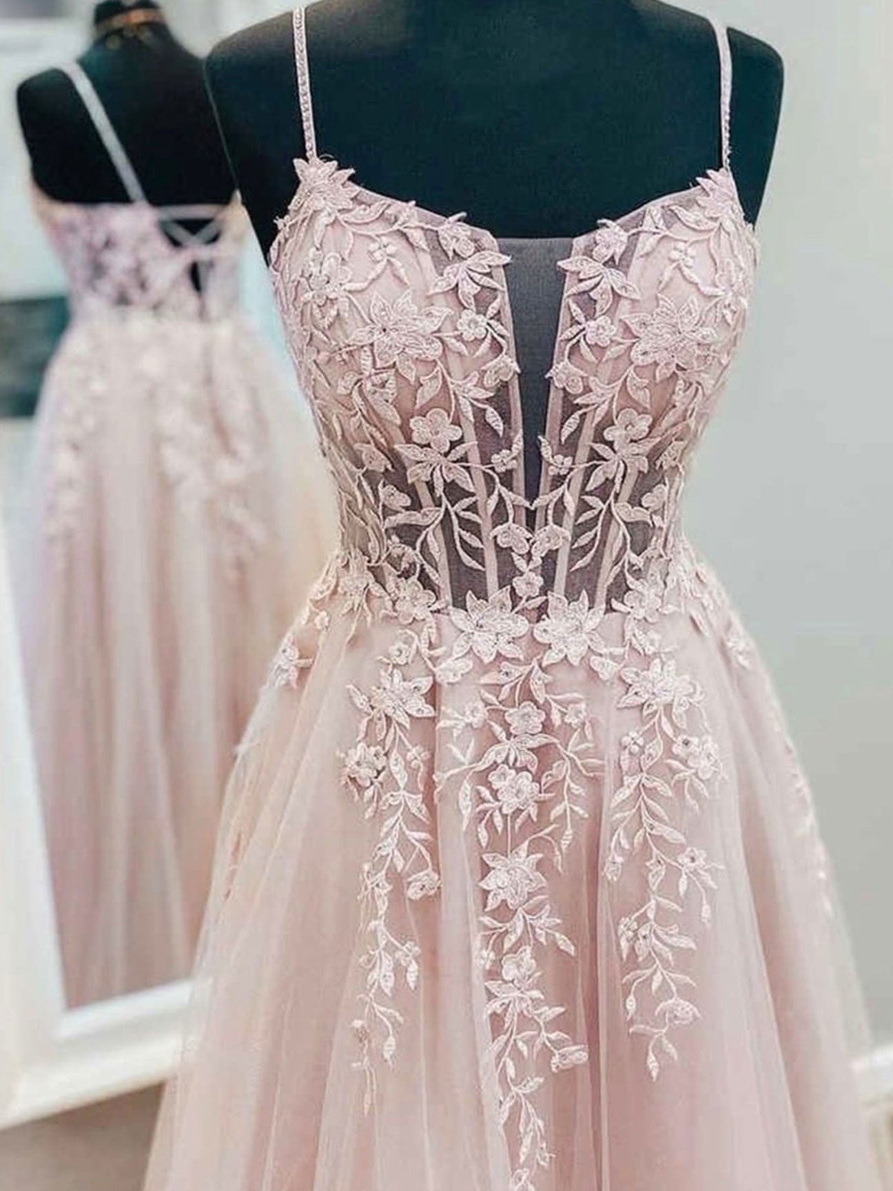 Pink tulle lace long prom dress, tulle lace evening dress dresstby Pink tulle lace long prom dress, tulle lace evening dress dresstby