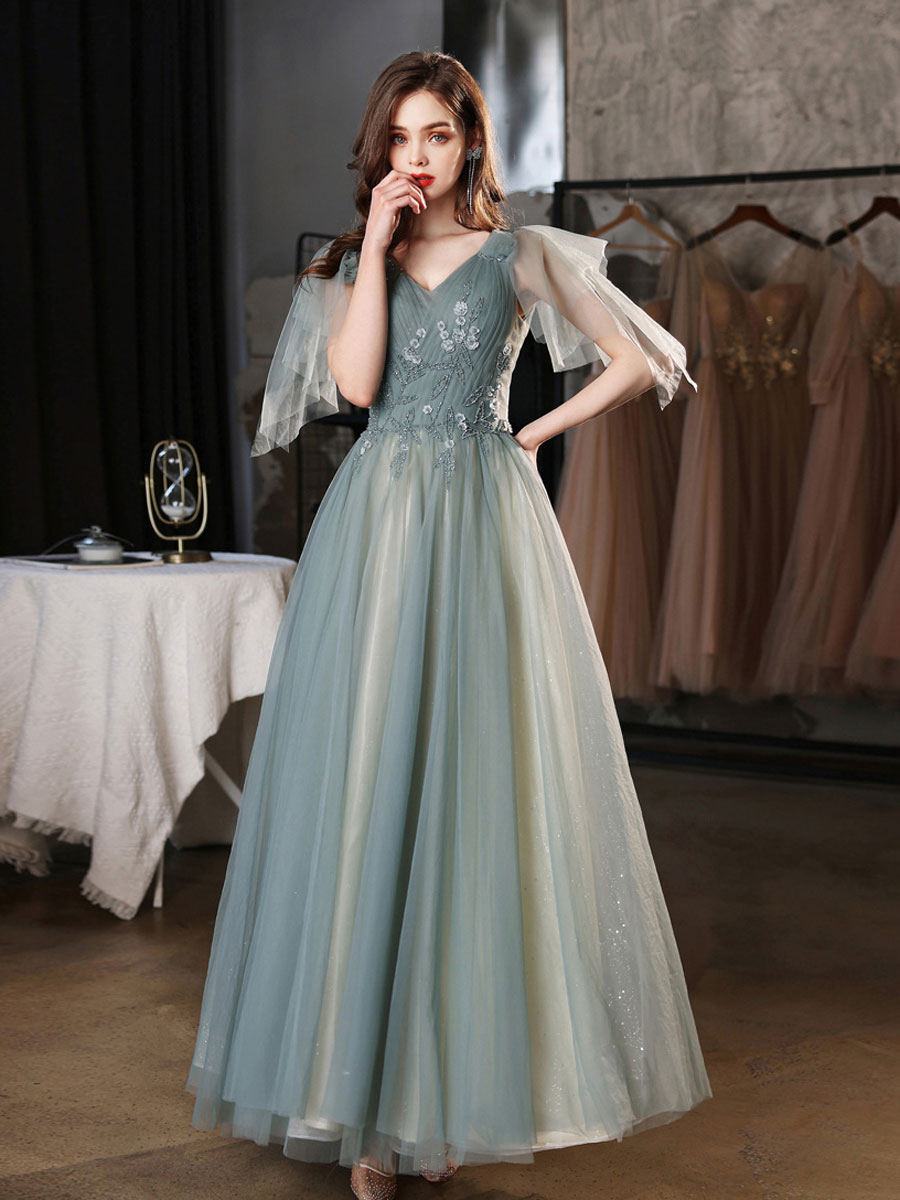 gray green prom dress Grey Green Tulle A-line Lace Appliques Spaghetti Straps Prom Dresses, MP947