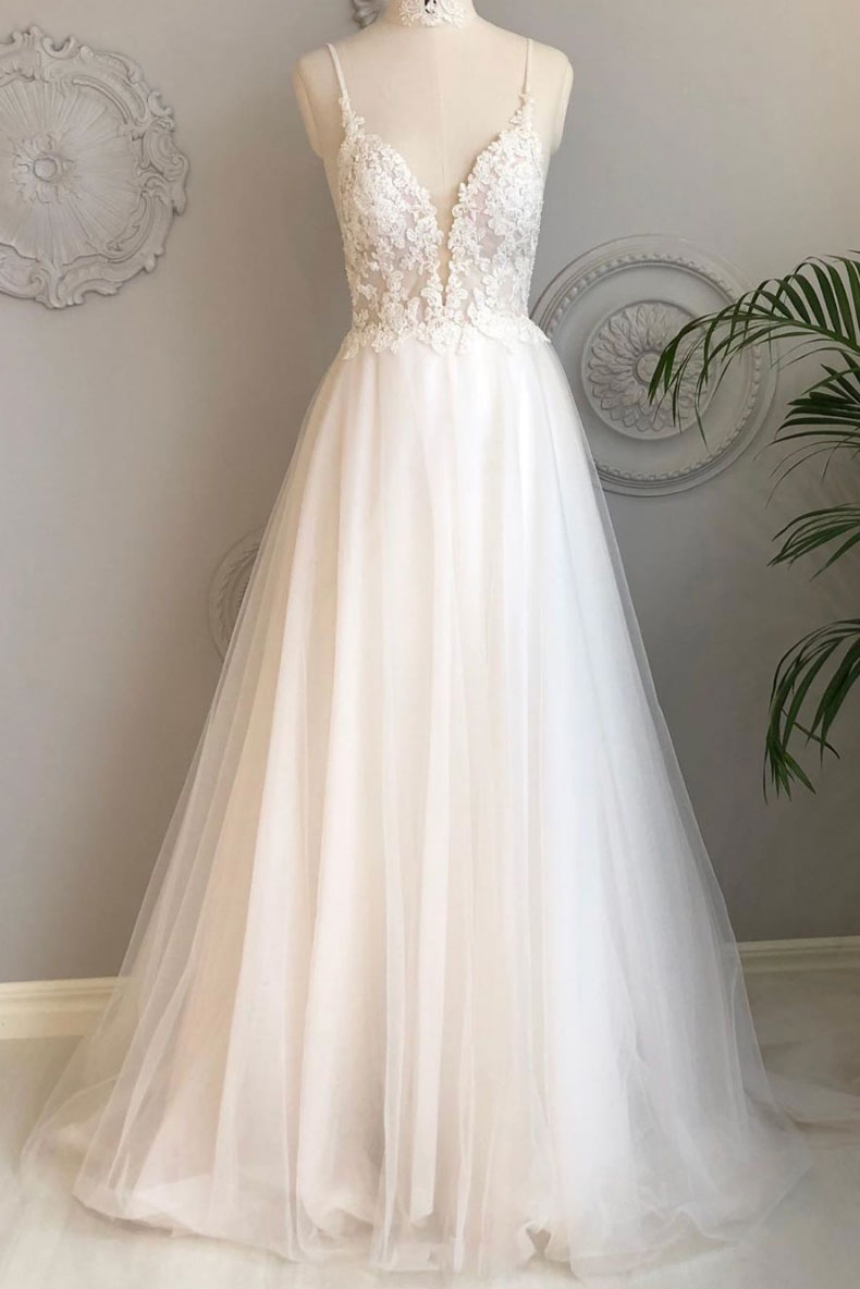 white v neck tulle lace long prom dress, white tulle evening dress