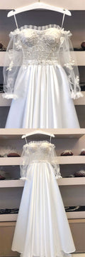 White lace satin long prom dress lace satin evening dress