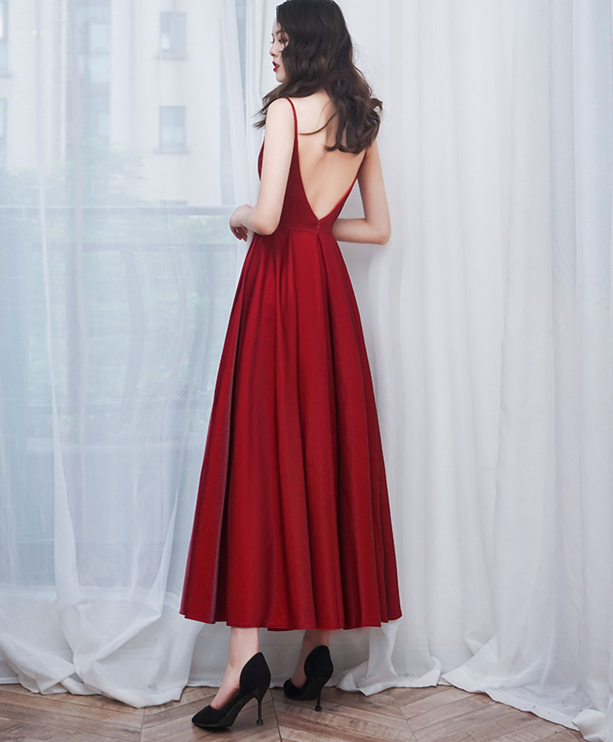 A-Line Satin Burgundy Prom Dress, Burgundy Tea Length Bridesmaid Dress