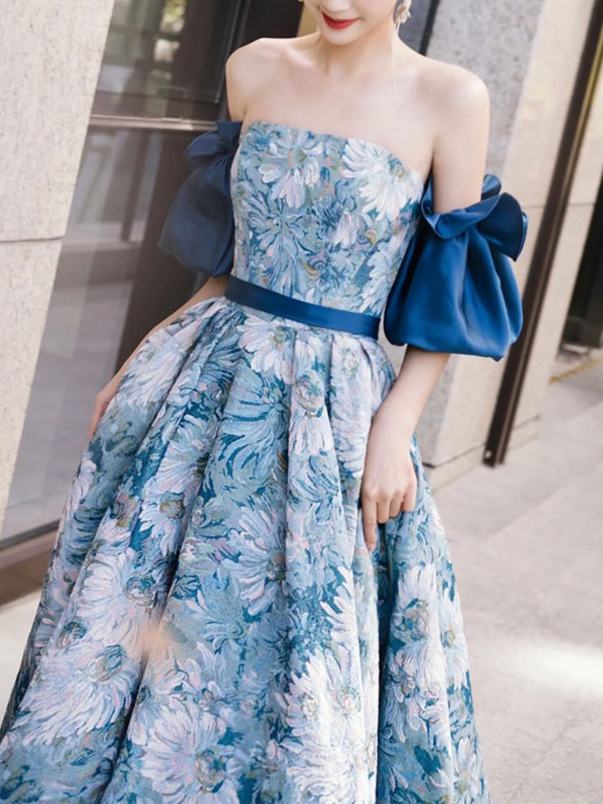 Unique A line satin long prom dress, blue evening dress