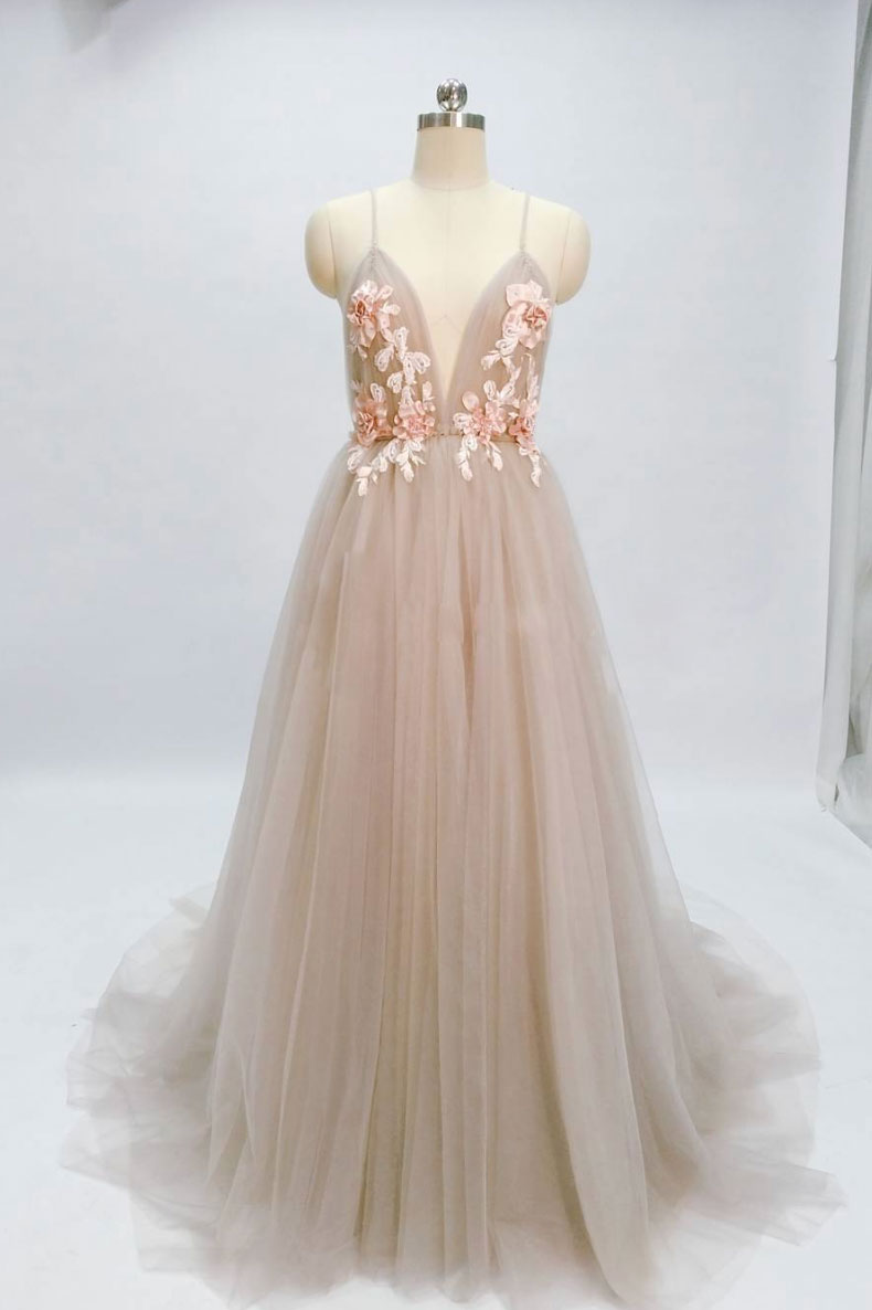 Champagne v neck tulle long prom dress, tulle evening dress