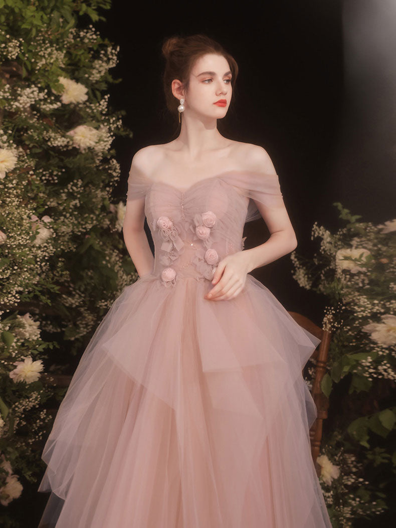 Pink sweetheart neck tulle long prom dress, pink bridesmaid dress
