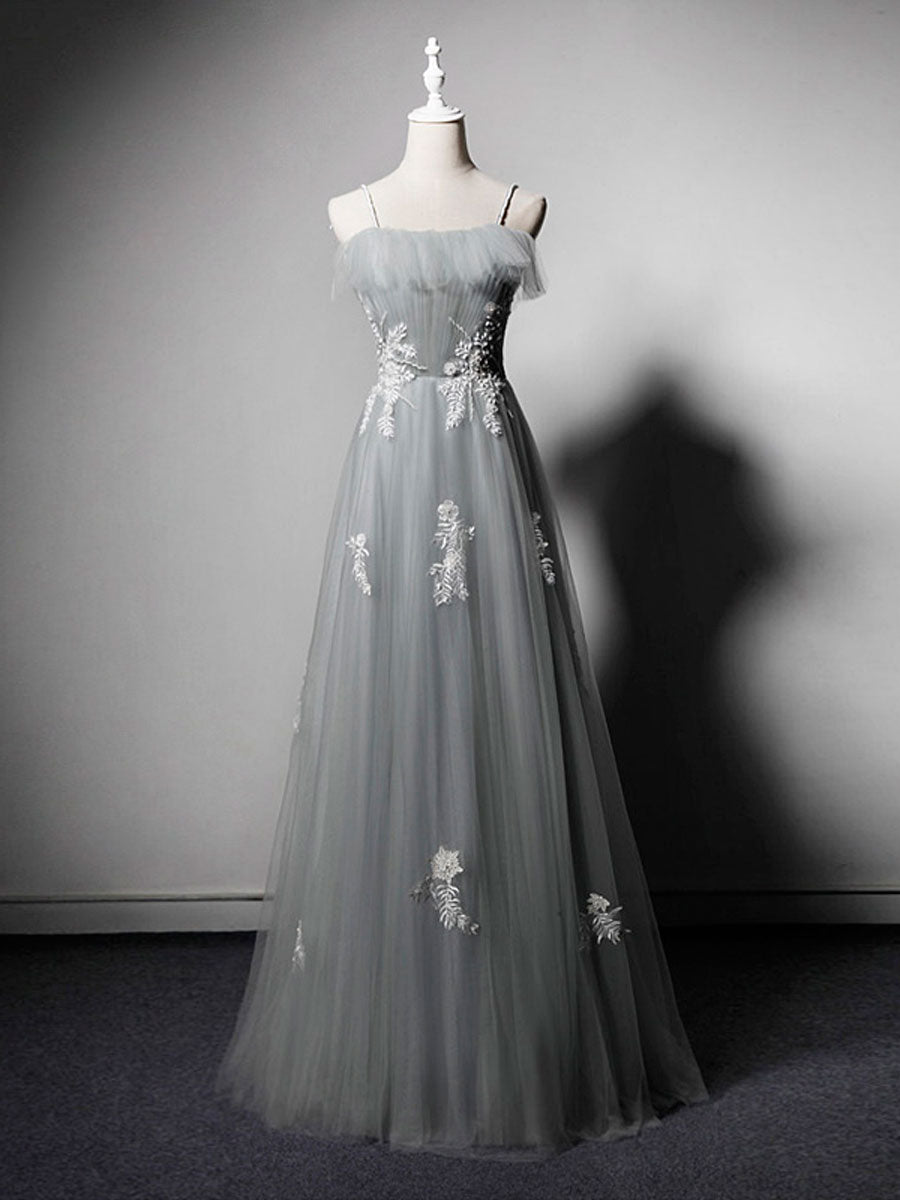 Simple gray tulle lace long prom dress, gray tulle formal dress dresstby Simple gray tulle lace long prom dress, gray tulle formal dress dresstby
