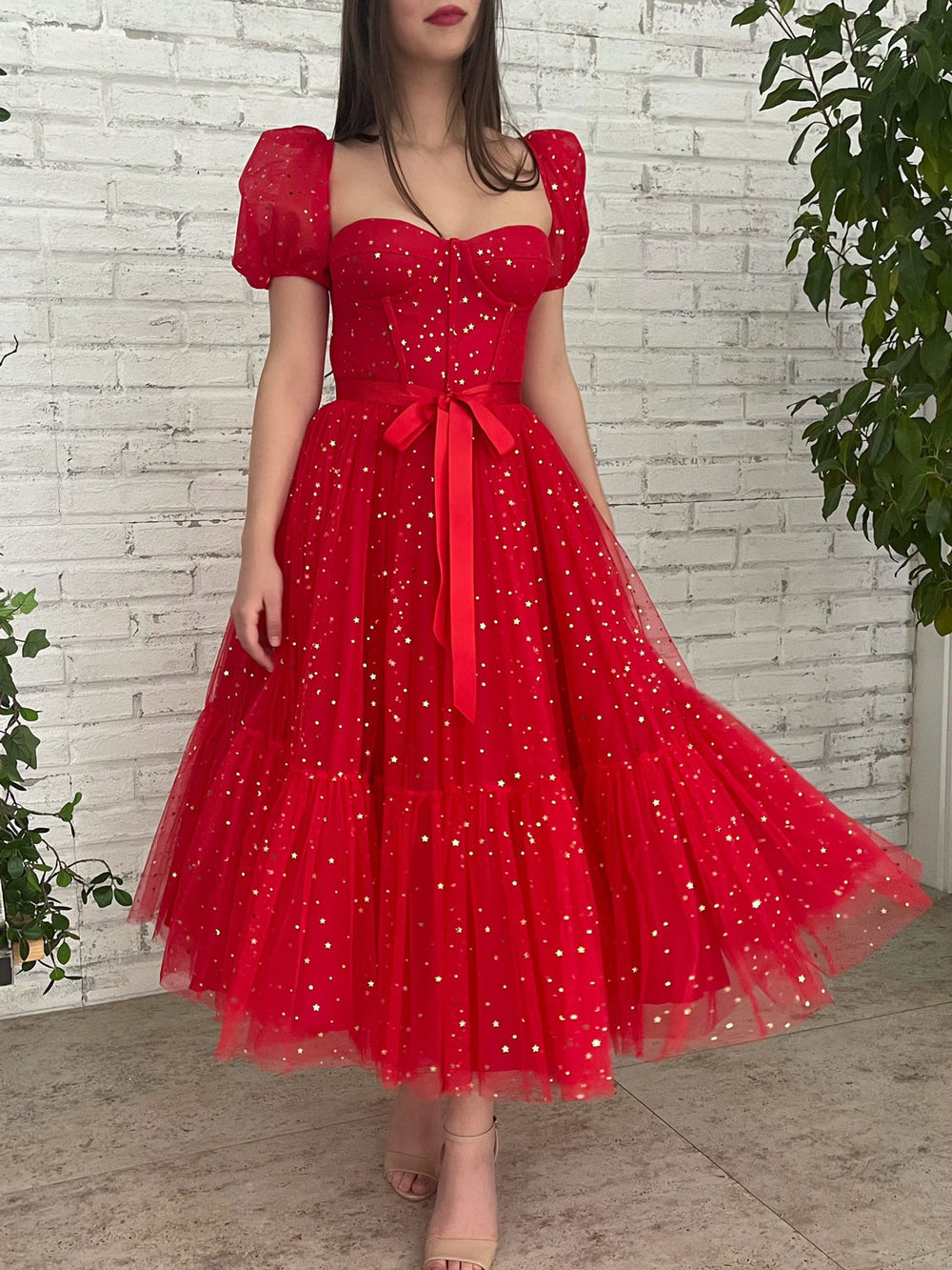 Red tulle tea length prom dress, tulle bridesmaid dress
