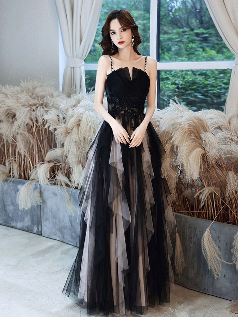 Black Aline tulle long prom dress, black lace formal evening dress dresstby Black Aline tulle long prom dress, black lace formal evening dress dresstby
